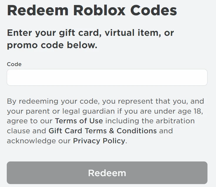 Tela oficial de resgate de códigos Roblox com campo para inserir o PIN do Gift Card