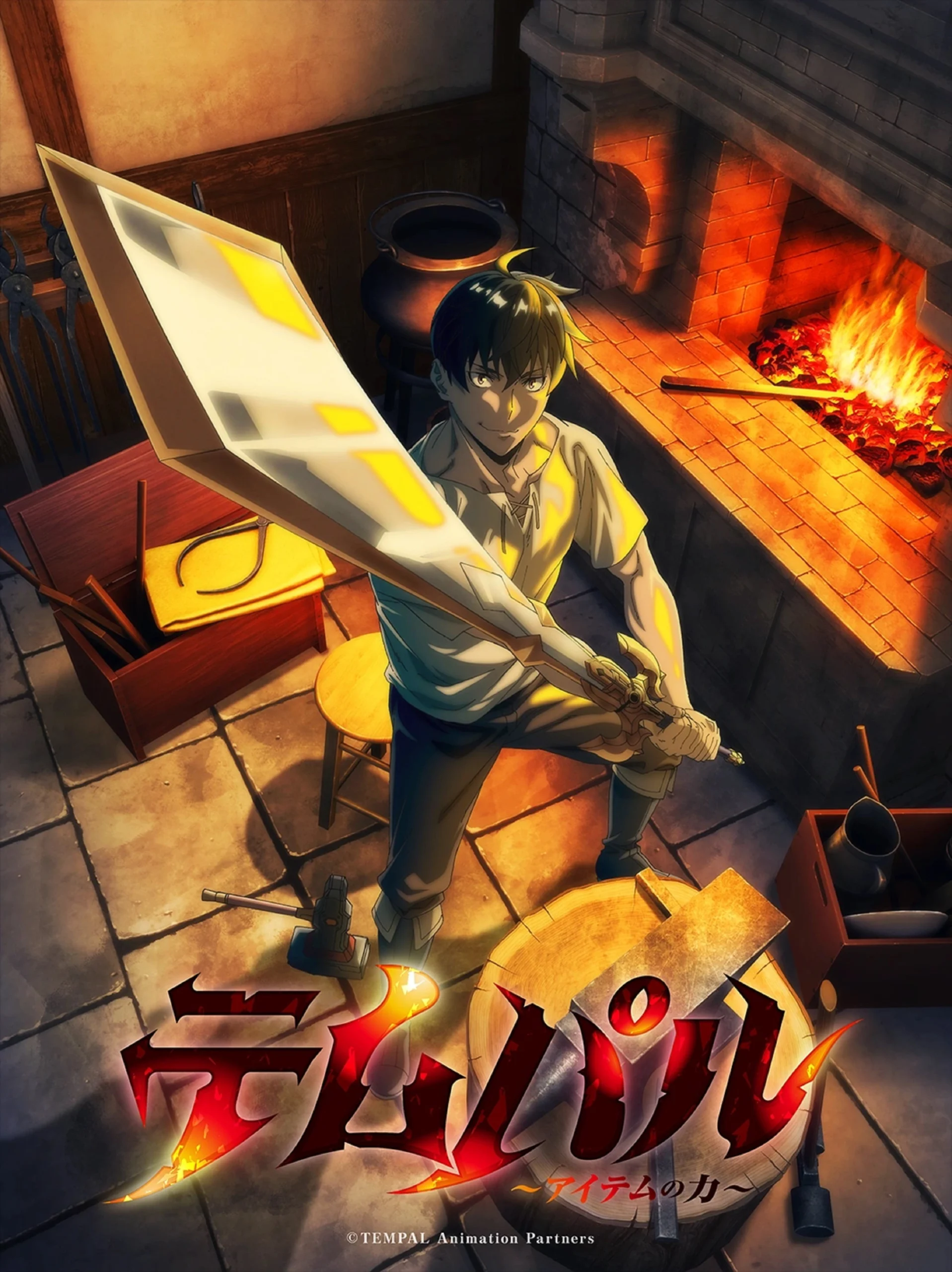 Grid segura uma espada dentro de uma forja em arte promocional do anime Overgeared