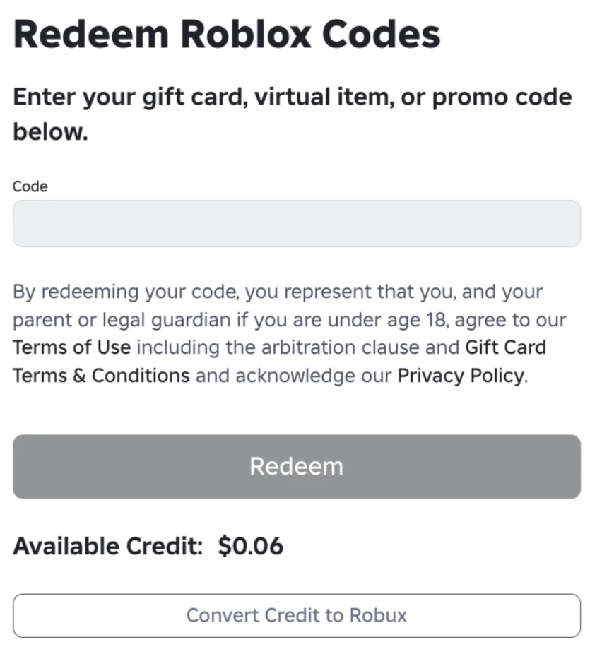Exemplo oficial do botão Convert Credit to Robux para transformar o saldo restante em Robux
