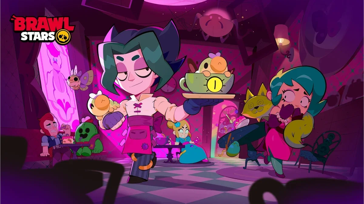 Vince, Brawler de avental rosa e cabelos verdes, aparece em um café de Brawl Stars
