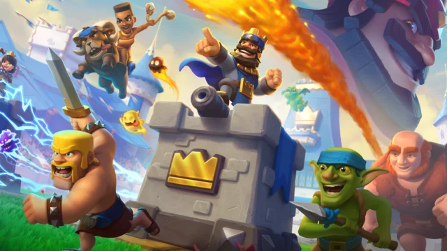 Personagens e cartas de Clash Royale em arte oficial sobre evoluções