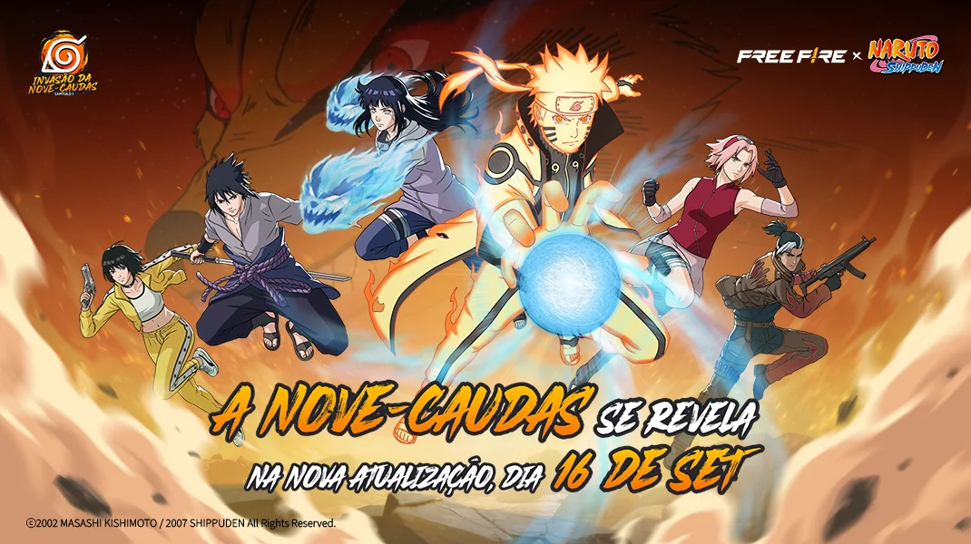 Arte oficial de Free Fire com personagens da colaboração Naruto na divulgação da atualização OB55