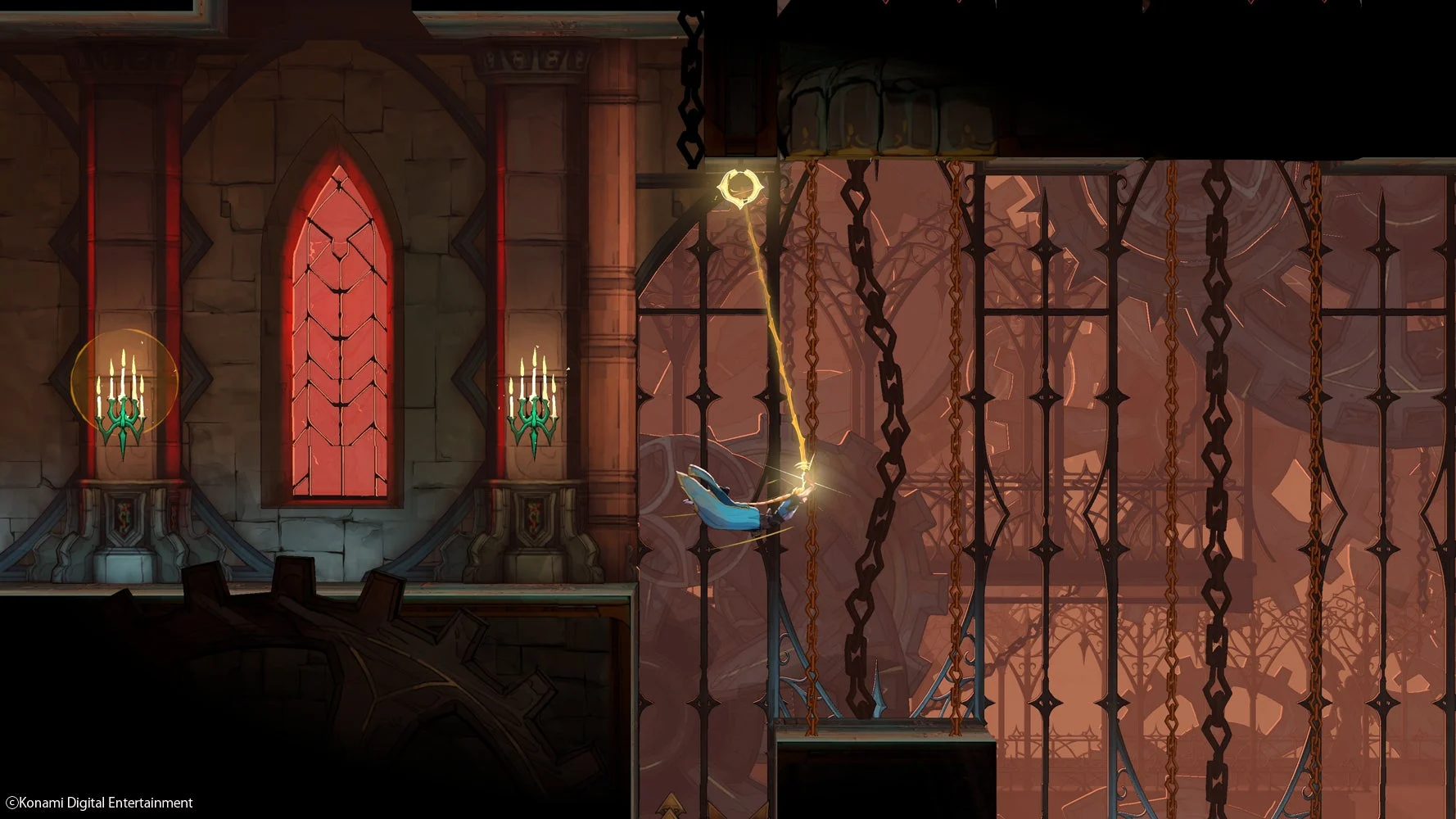Rose Belmont usa o chicote para atravessar cenário em Castlevania Belmont's Curse
