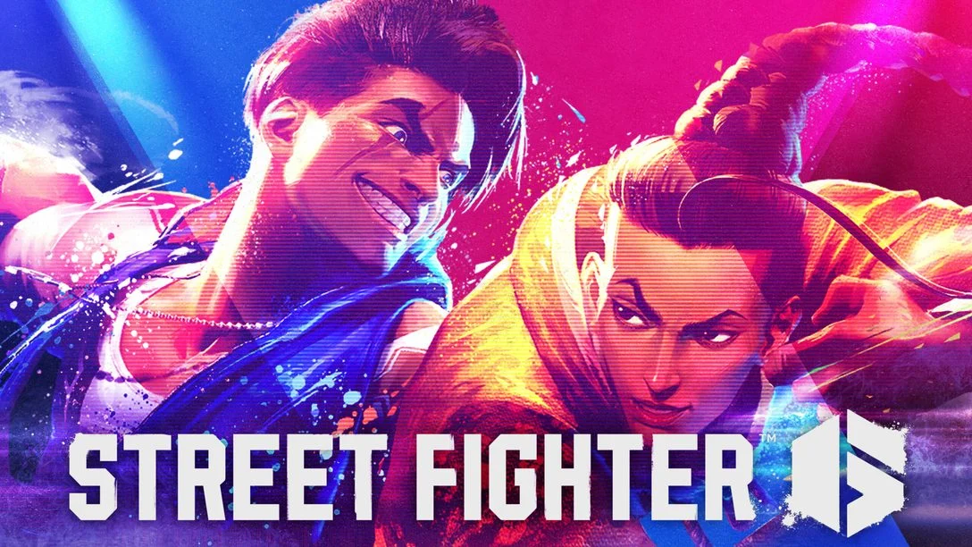 Luke e Jamie em arte oficial de Street Fighter 6 com cores rosa, azul e laranja