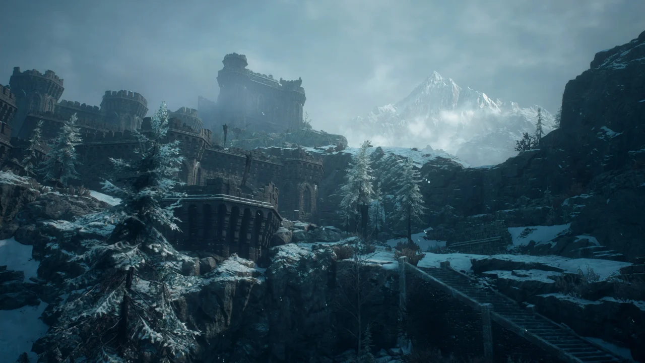 Região nevada de Norgan com montanhas e ruínas em Dragon’s Dogma 2 Dark Arisen
