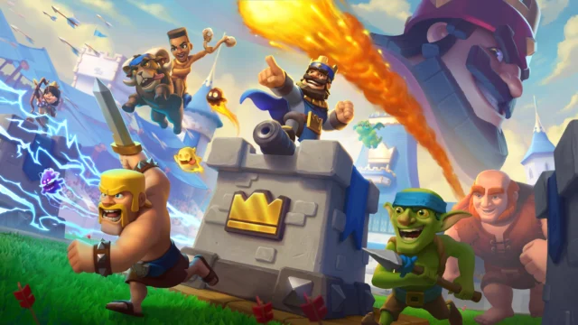 Personagens de Clash Royale em batalha ao redor de uma torre, em arte oficial