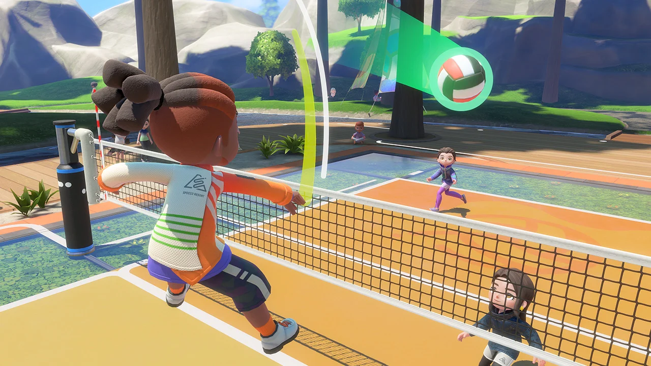 Partida de voleibol de Nintendo Switch Sports Resort com personagens em uma quadra na Ilha Wuhu