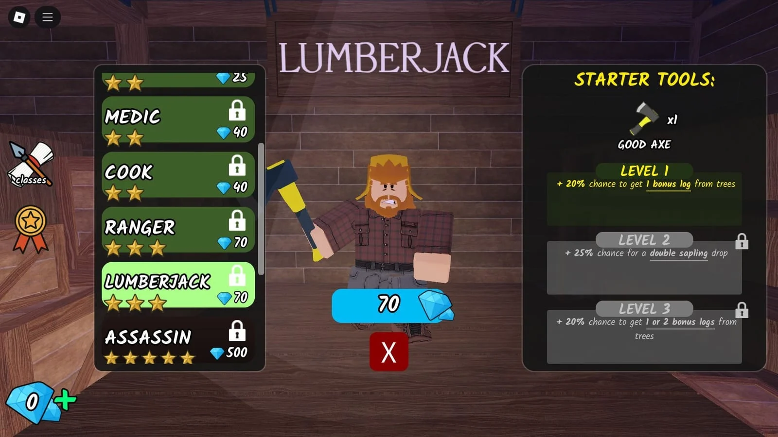 Classe Lumberjack na seleção de classes de 99 Noites na Floresta