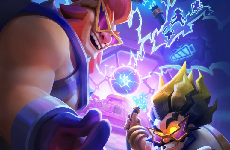 Arte de Shocktober de Clash Royale com personagens e efeitos elétricos da temporada de outubro de 2026