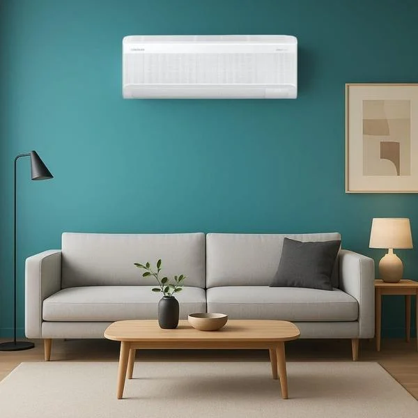Ar-condicionado Samsung WindFree AI instalado em sala com parede verde e sofá