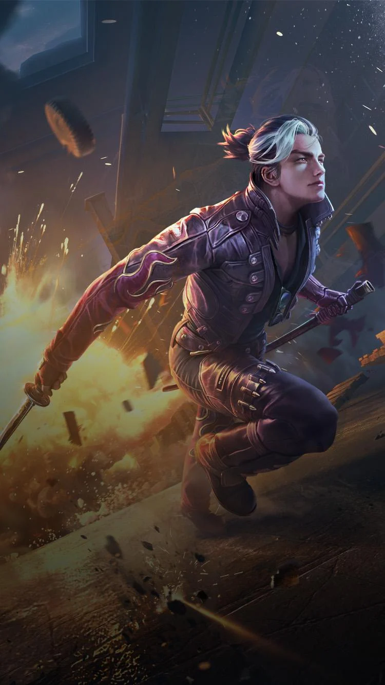 Personagem de Free Fire correndo em meio a um cenário de combate