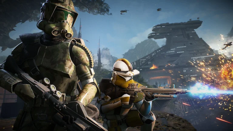 Soldados clones armados em cenário de batalha de Star Wars Battlefront II