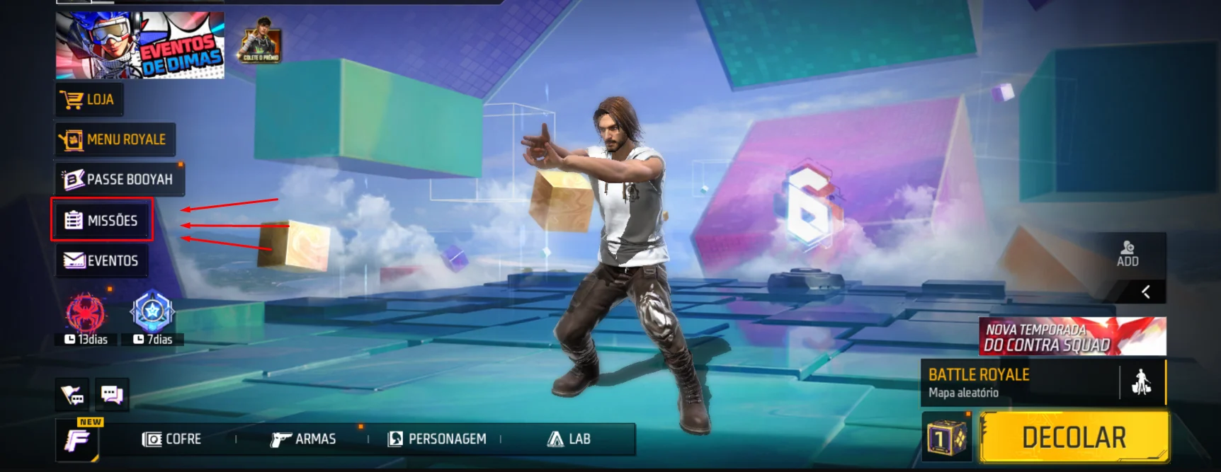 Captura de tela da central de suporte da Garena indica onde fica o menu Missões no lobby do Free Fire