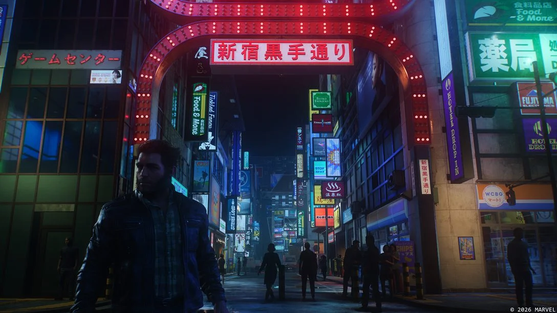 Marvel's Wolverine em uma rua iluminada de Shinjuku no PS5
