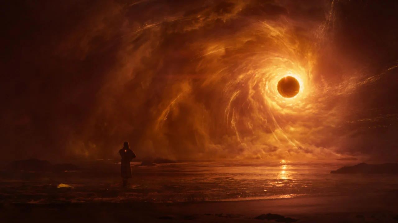 Paisagem costeira do planeta Carcosa em Saros, com um eclipse alaranjado refletido no mar