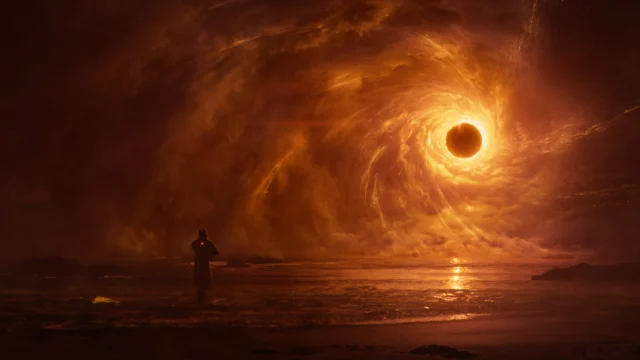 Paisagem costeira do planeta Carcosa em Saros, com um eclipse alaranjado refletido no mar