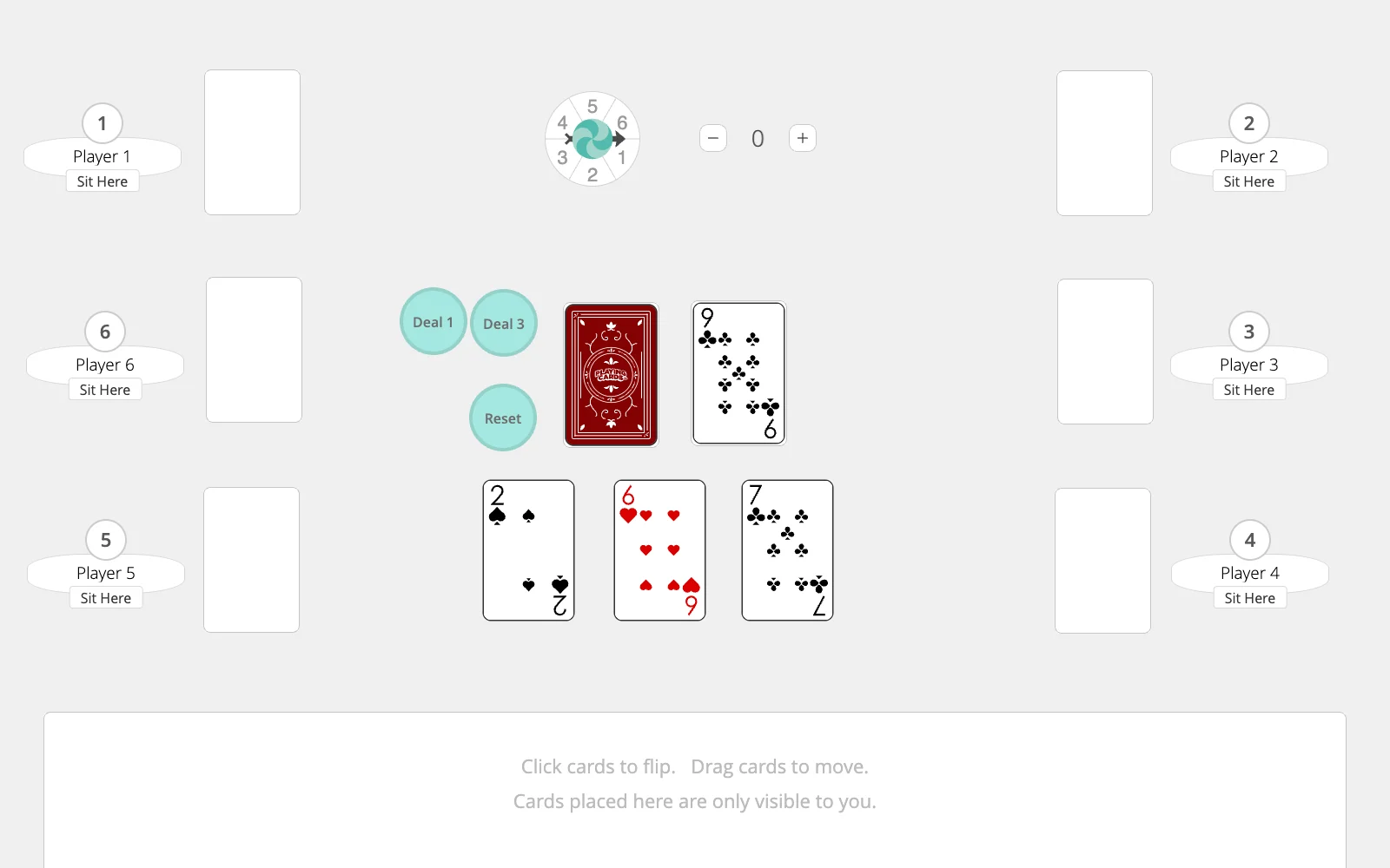 PlayingCards.io exibe mesa virtual com baralho, cartas abertas e lugares para seis jogadores.