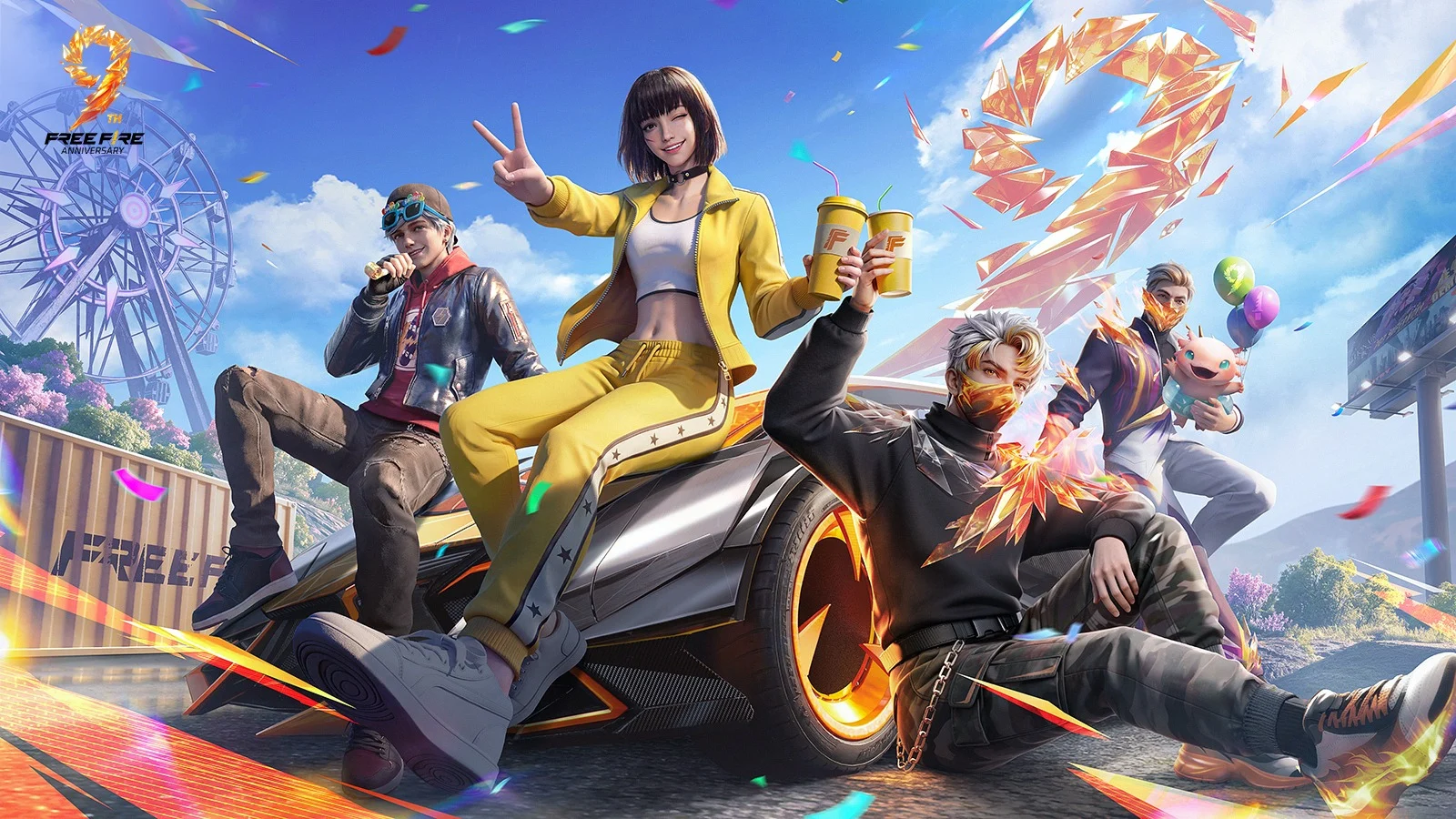 Personagens de Free Fire reunidos em arte oficial de aniversário do jogo