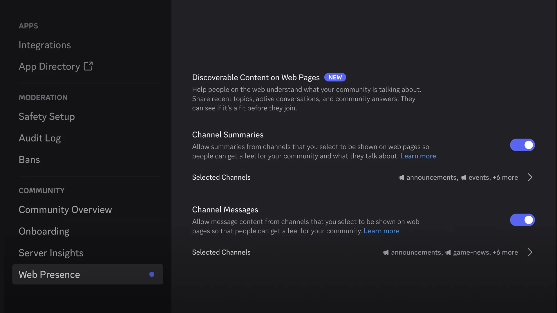 Configurações oficiais de Presença na web do Discord, com controles para resumos e mensagens de canais
