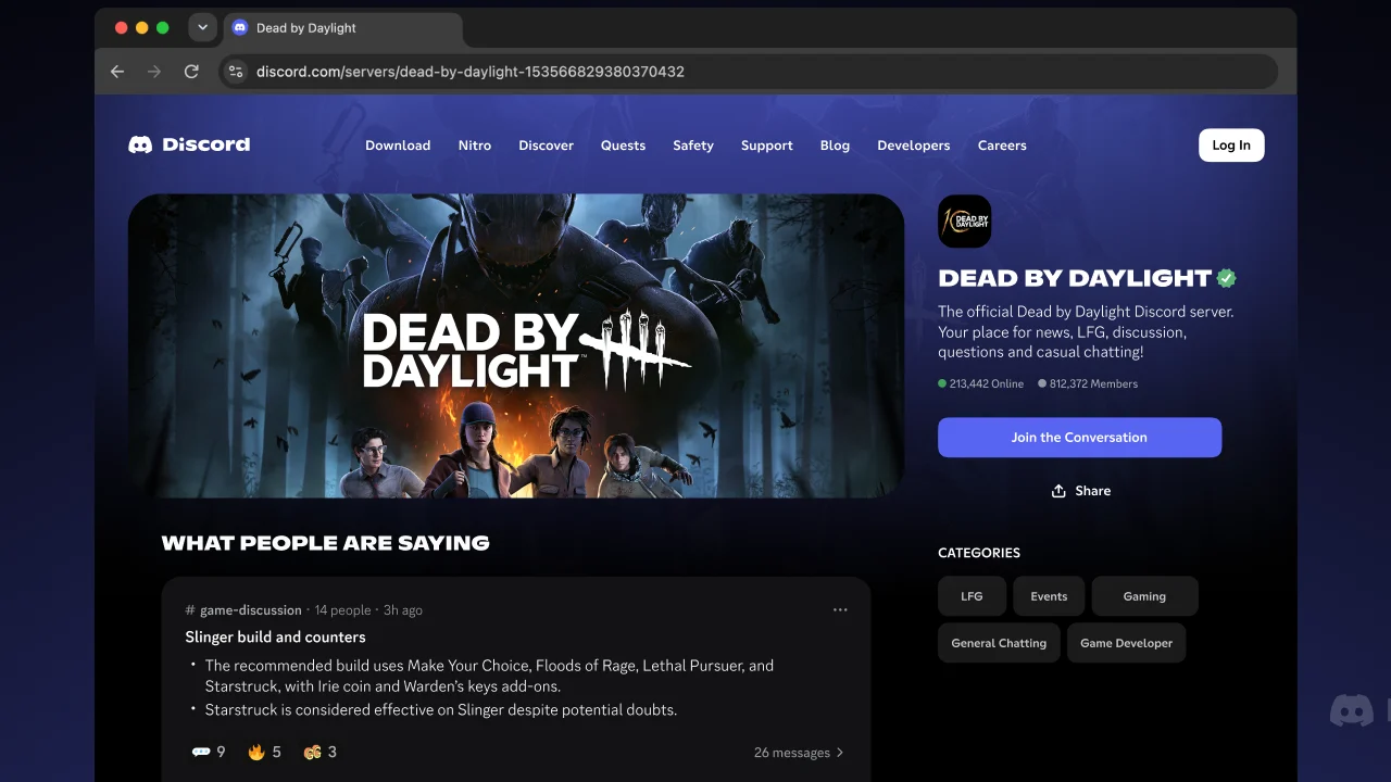 Exemplo oficial de página pública de um servidor do Discord, com conteúdo de conversas exibido na web
