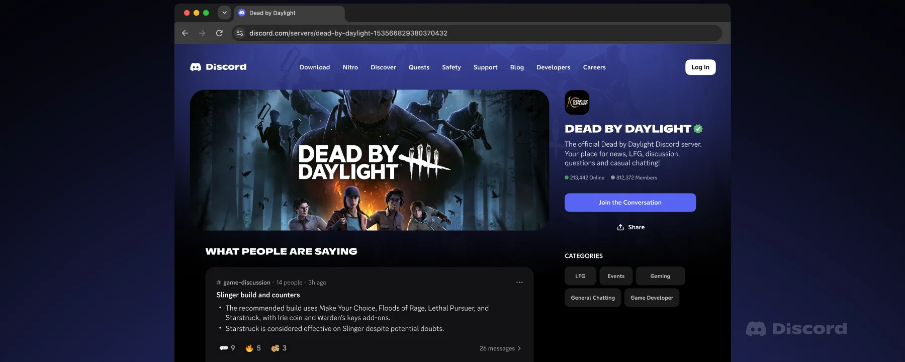 Exemplo oficial de página pública de um servidor do Discord, com conteúdo de conversas exibido na web