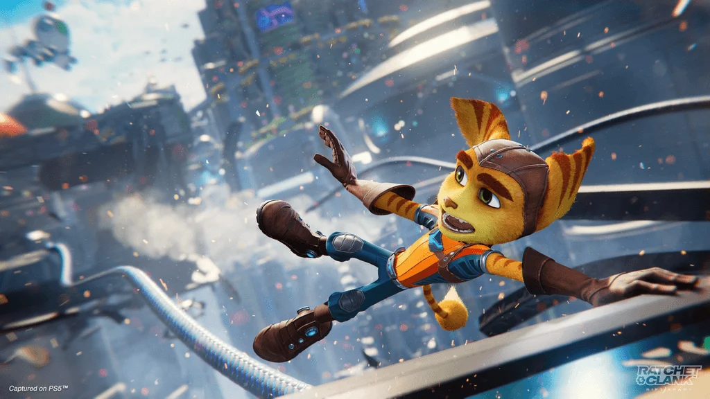 Cena de Ratchet e Clank em meio à ação no jogo Ratchet & Clank Em Uma Outra Dimensão
