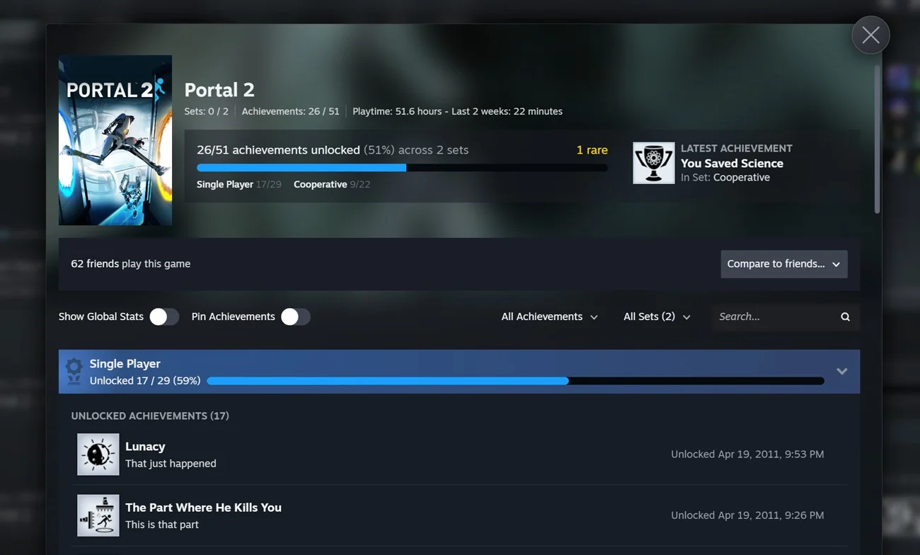 Nova página de conquistas do Steam no jogo Portal 2, com progresso separado entre Single Player e Cooperative