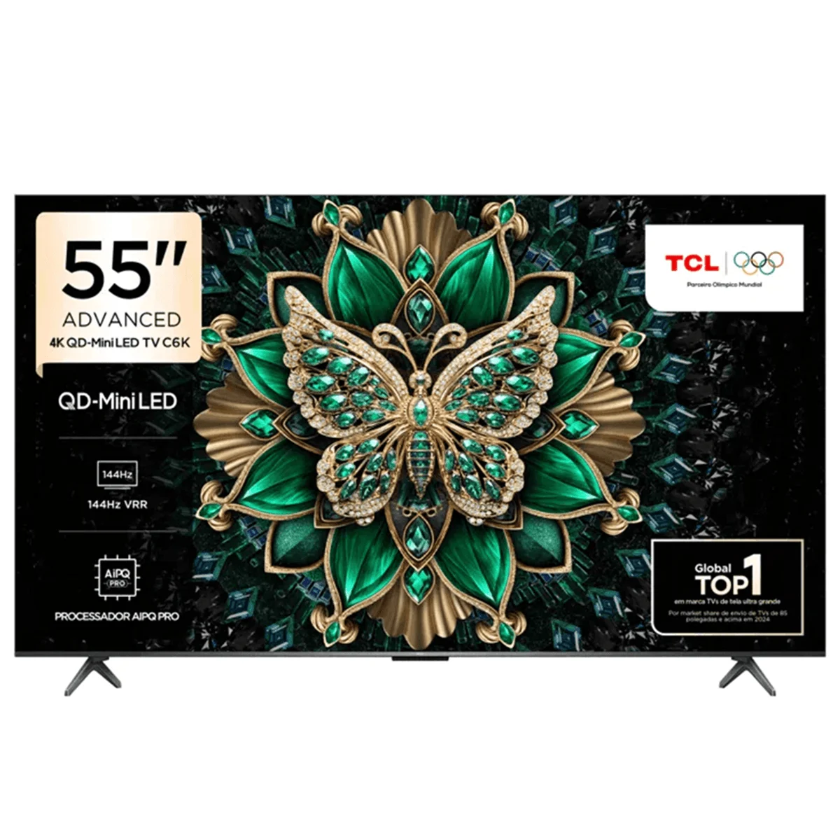 Smart TV TCL C6K de 55 polegadas com painel QD-Mini LED, base com dois pés e imagem de borboleta