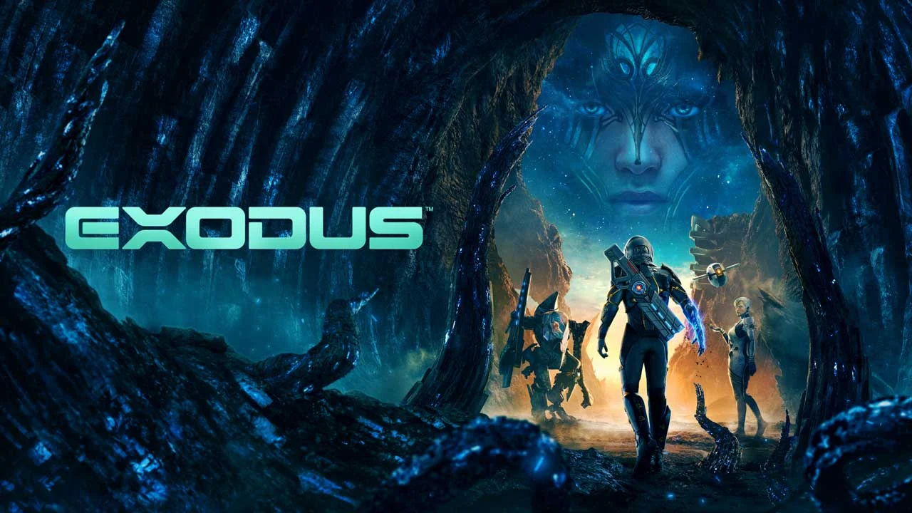 Arte oficial de Exodus com Jun Aslan e seus companheiros em uma caverna alienígena