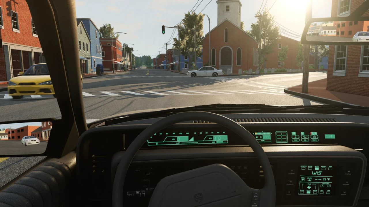 Visão do interior de um carro em BeamNG.drive, parado em cruzamento urbano com semáforo e outros veículos