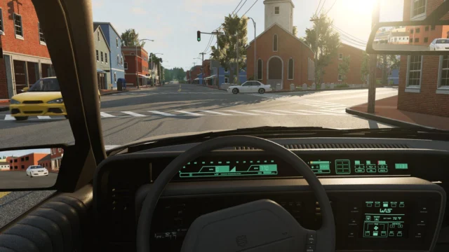 Visão do interior de um carro em BeamNG.drive, parado em cruzamento urbano com semáforo e outros veículos