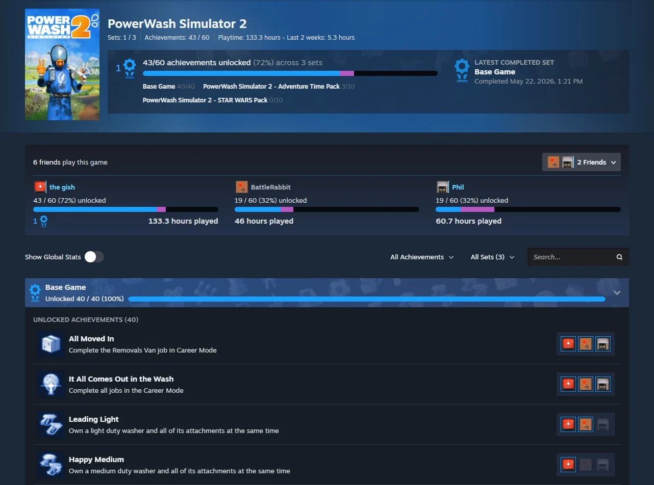 Interface de PowerWash Simulator 2 mostra jogo-base com 40 de 40 conquistas e barra roxa de DLCs no Steam