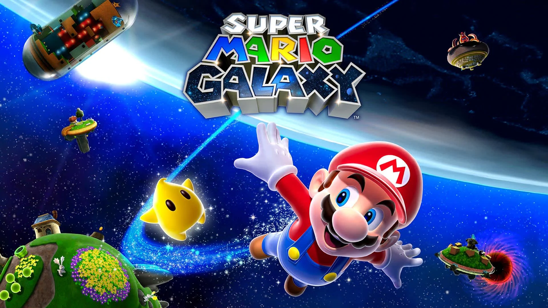 Mario explorando uma fase de Super Mario Galaxy