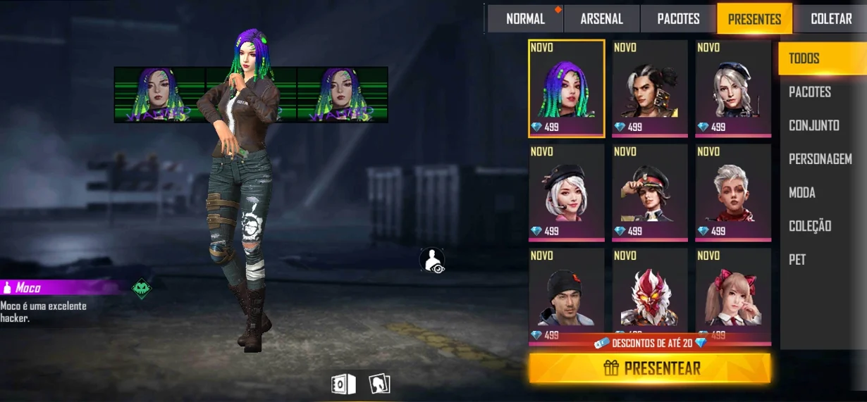 Captura de tela oficial da Garena mostrando a aba Presentes e o botão Presentear no Free Fire