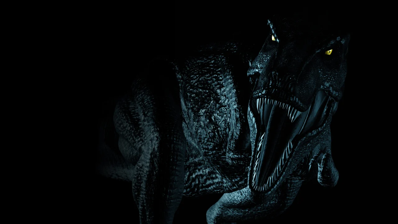 Dinossauro ameaçador com mandíbulas abertas na arte oficial de Dino Crisis 2