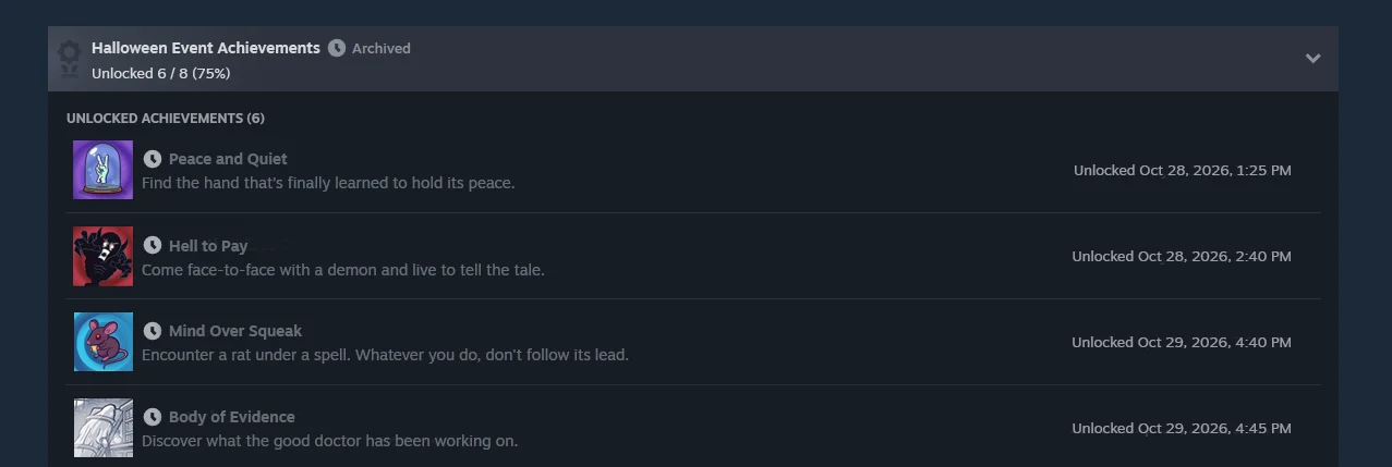 Exemplo demonstrativo de conquistas arquivadas de um evento de Halloween na nova interface do Steam