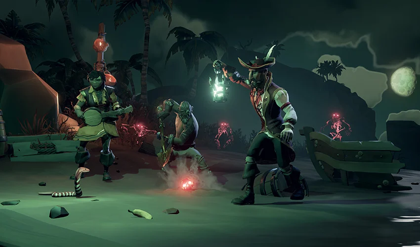 Piratas enfrentam esqueletos sobrenaturais em Sea of Thieves durante uma atividade ligada ao Fort of the Damned