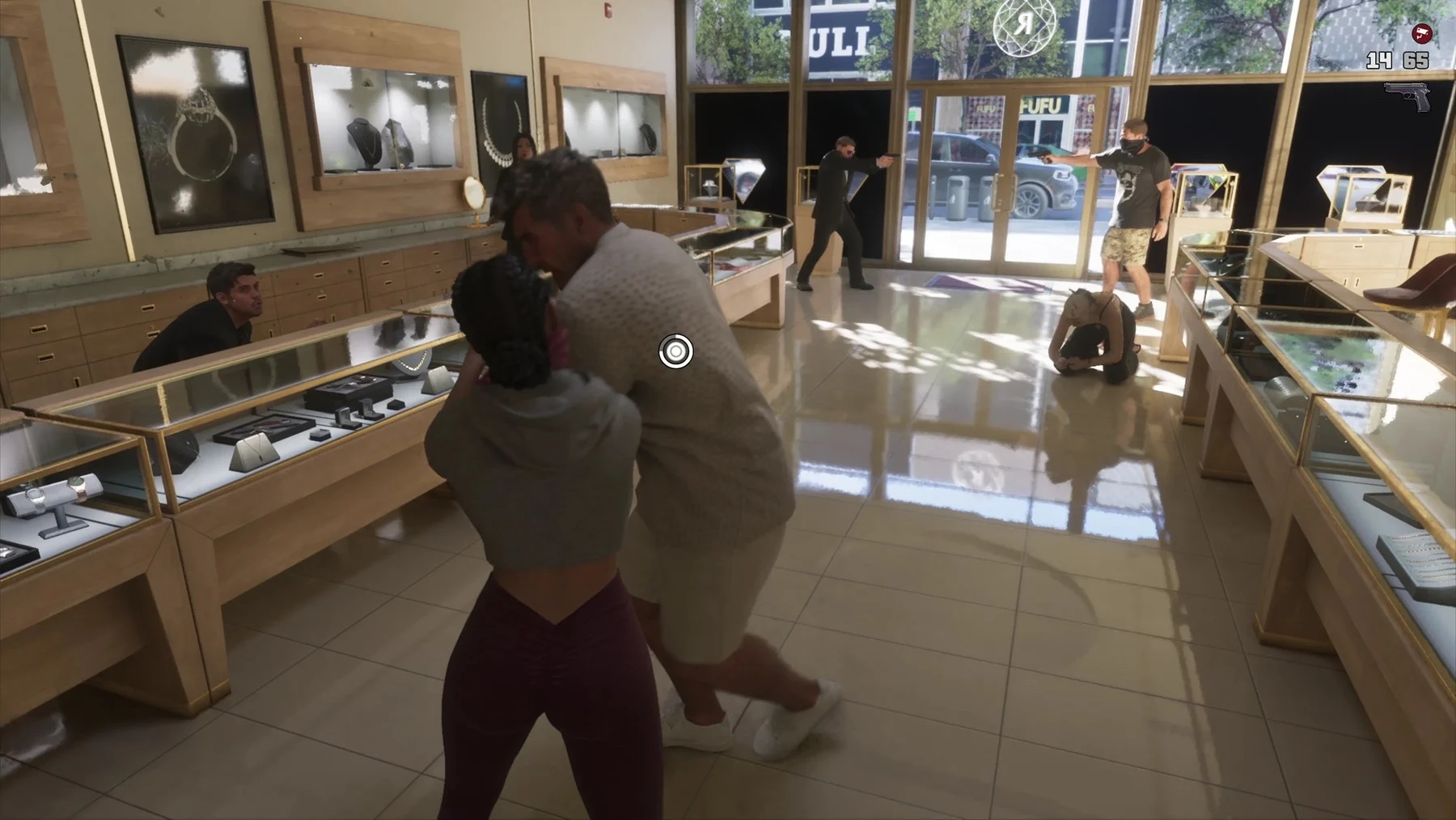 Cena de GTA 6 dentro de joalheria com vitrines e personagens durante um confronto
