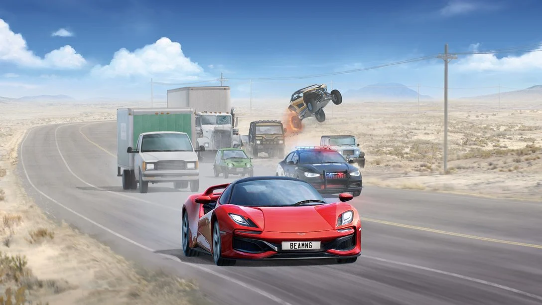 Carro esportivo vermelho foge de viaturas e caminhões em uma estrada desértica de BeamNG.drive