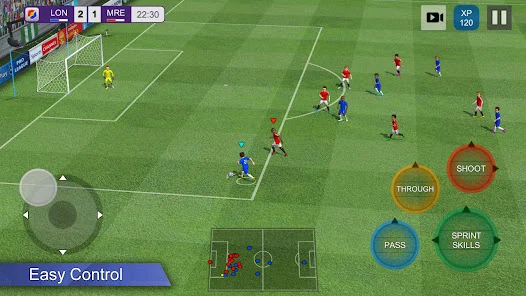 Tela de Pro League Soccer com jogadores, placar e botões virtuais de controle
