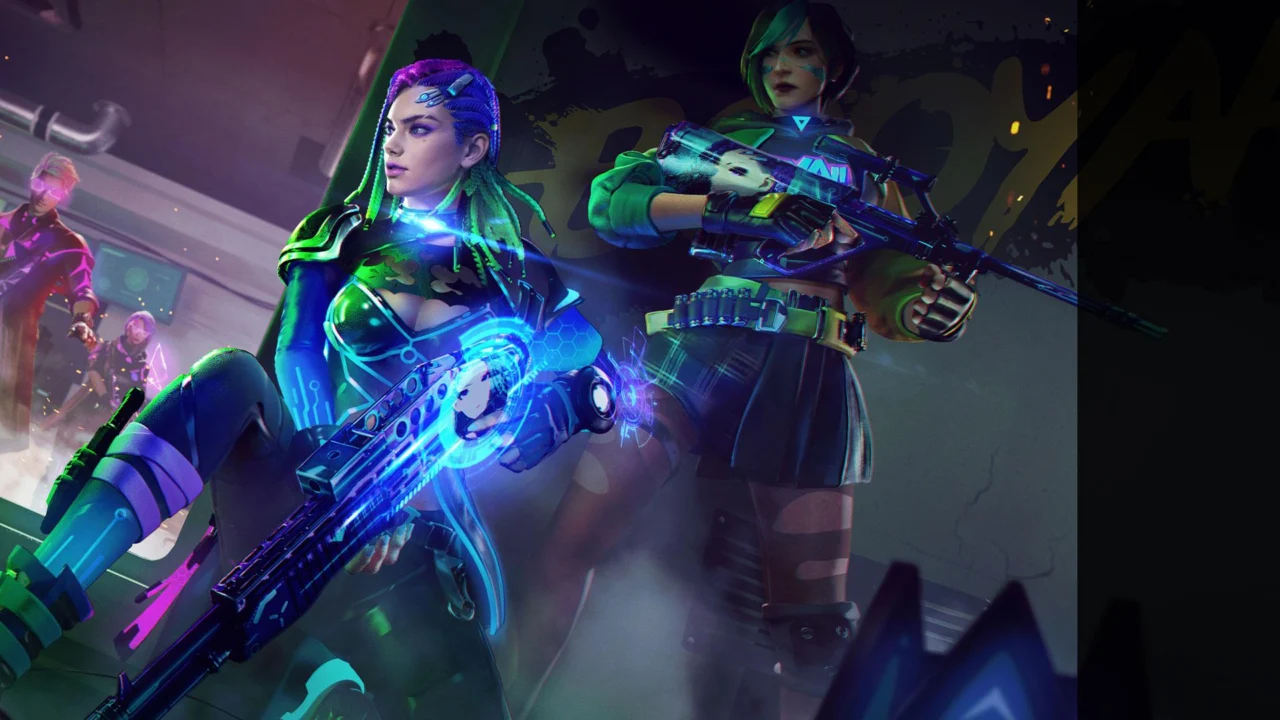 Duas personagens armadas em arte oficial de Free Fire MAX com iluminação azul e verde