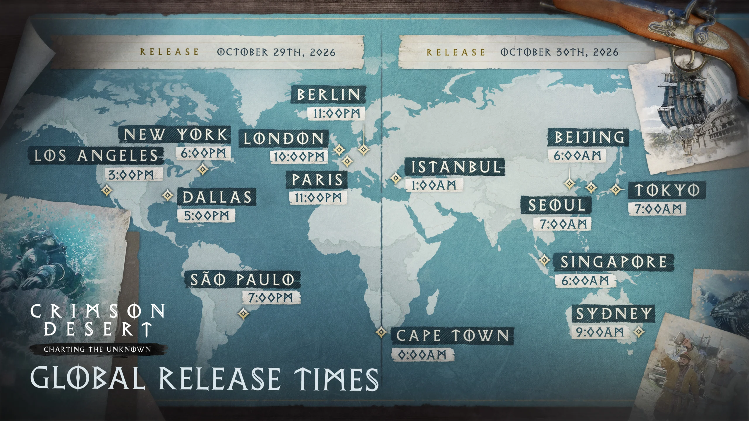 Mapa oficial de lançamento de Crimson Desert Charting the Unknown com São Paulo às 19h de 29 de outubro de 2026