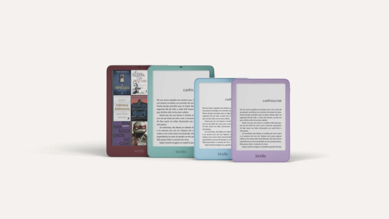 Nova família Kindle anunciada pela Amazon em 2026, com diferentes cores e acabamentos