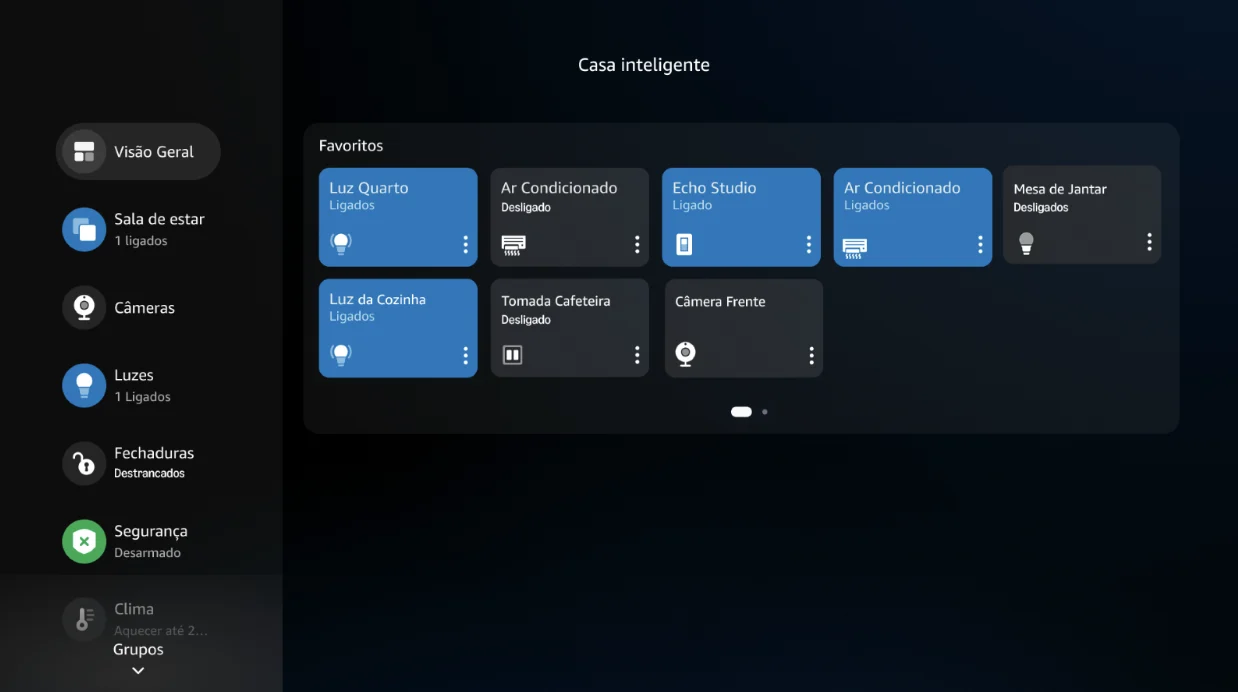 Interface da casa inteligente da Alexa Plus em português mostrando luzes ar-condicionado e câmeras