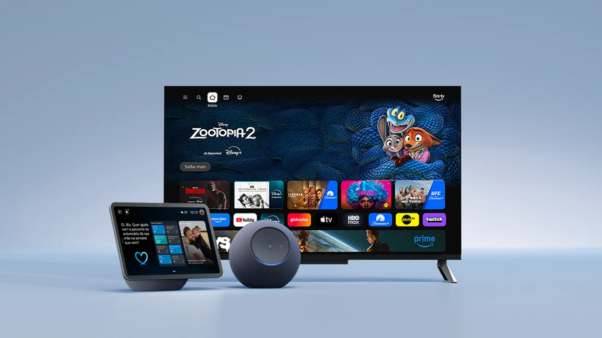 Dispositivos Echo Show, Echo e televisão Fire TV apresentados pela Amazon