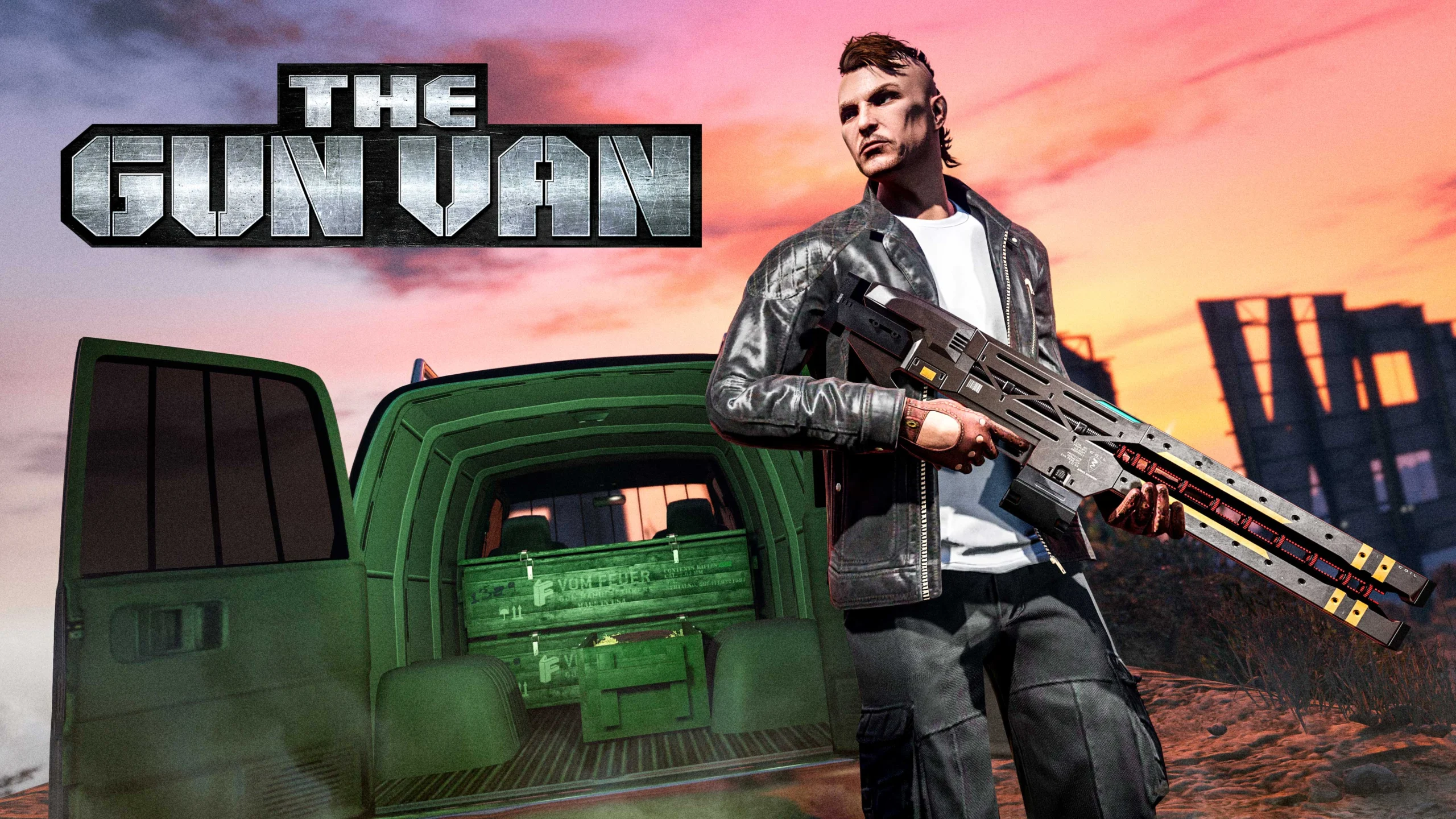 Arte oficial de GTA Online com personagem segurando arma futurista ao lado da Van de Arsenal