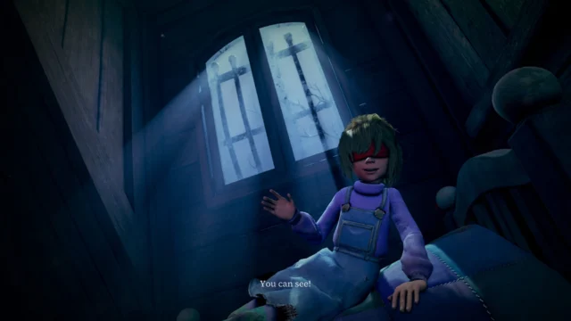Cena de Out of Sight, aventura de terror na qual Sophie explora uma mansão com seu urso de pelúcia Teddy