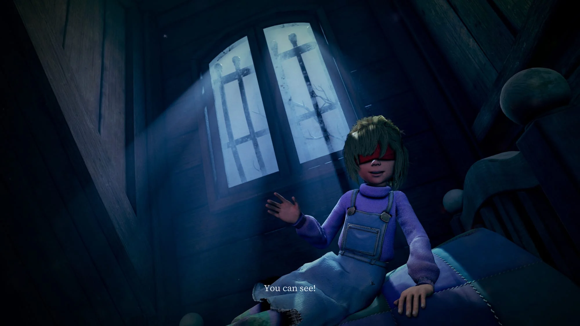 Cena de Out of Sight, aventura de terror na qual Sophie explora uma mansão com seu urso de pelúcia Teddy