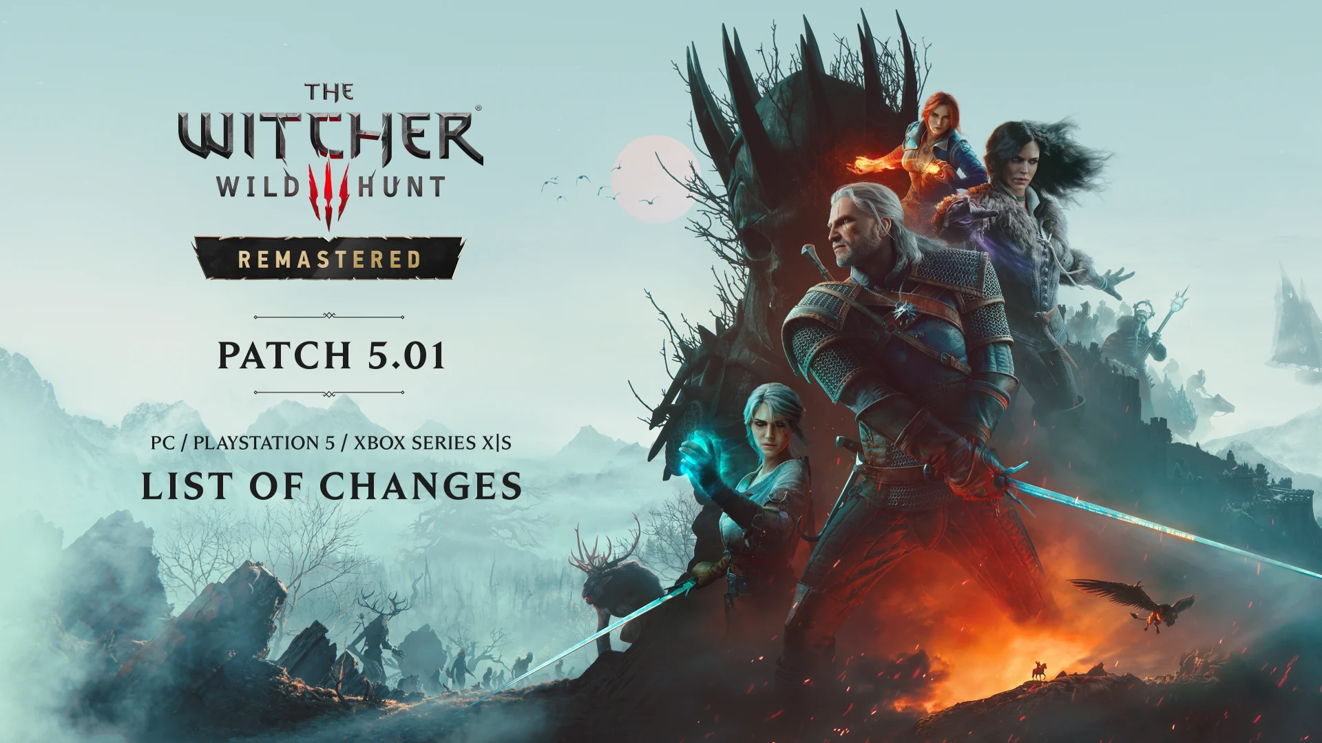 Arte oficial do patch 5.01 de The Witcher 3 Remastered com Geralt, Ciri, Yennefer e Triss