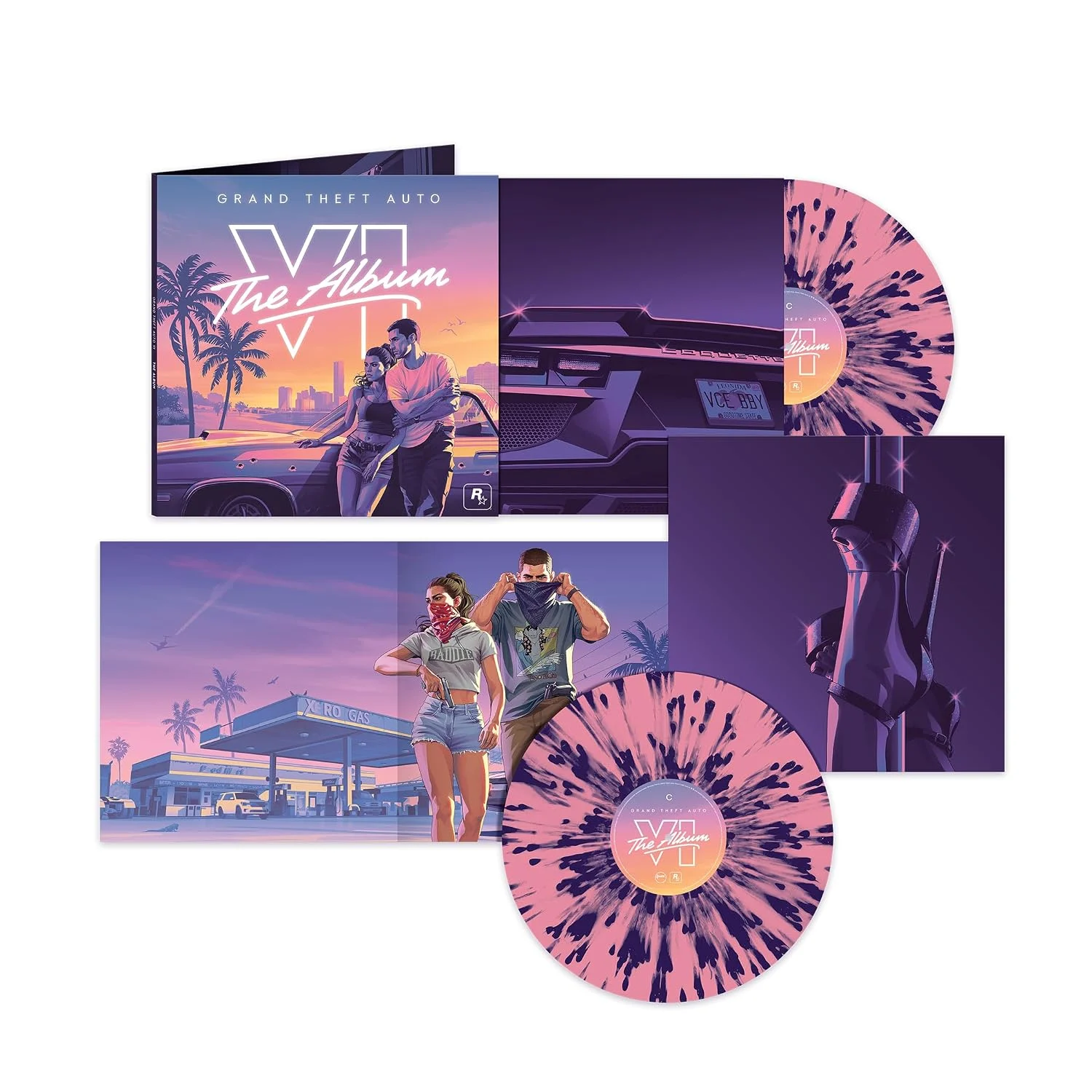 Edição de Grand Theft Auto VI The Album em vinil duplo rosa com efeito roxo e capas ilustradas com personagens de GTA 6
